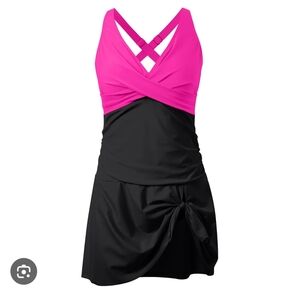 Pink and Black Crisscross One Piece Swimsuit Plus Size 3XL